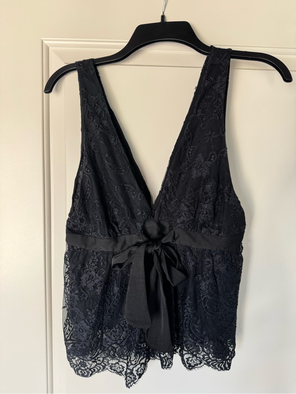 Free People Black Lace V-Neck Chemise Top with Satin Waist Tie